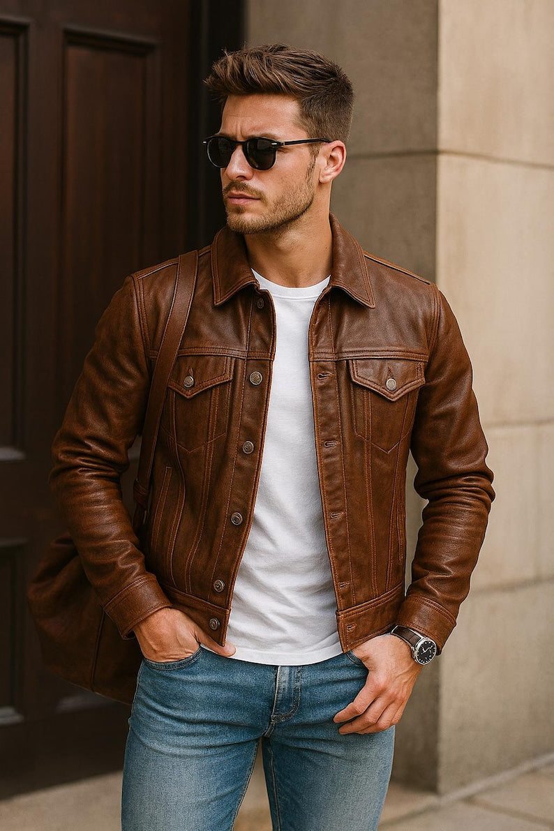 Veste aviateur vintage en cuir noir pour homme